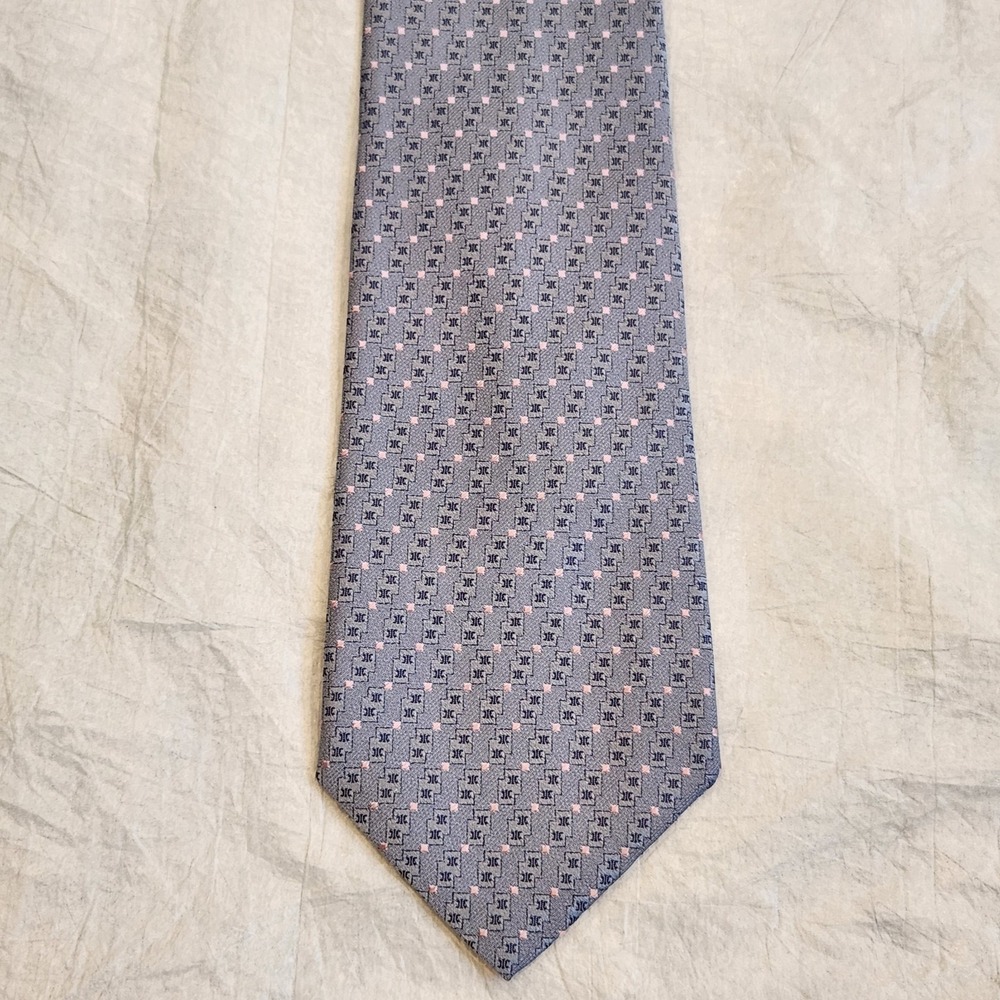 CELINE Paris Men's Silk Tie Blue Macadam Triomphe Pattern Pink Dot Made In Italy